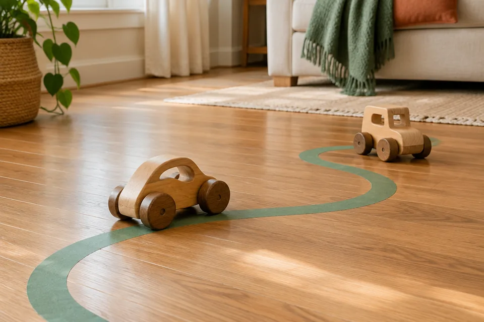 Easy five-minute play setup with a roll of painter tape, a single broad tape path on a clean wooden floor and two large wooden cars; no people.