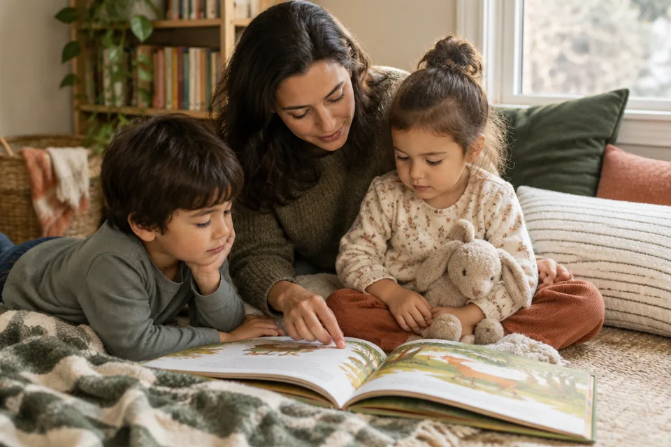 Cozy safe indoor reading corner with floor cushions, blanket, soft animal and open illustrated picture book whose pages contain pictures only.