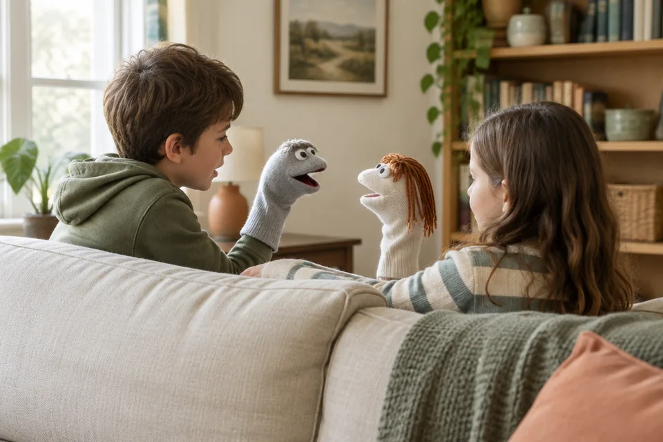 Two school-age siblings creating a simple puppet show behind a low sofa using plain unbranded sock puppets.