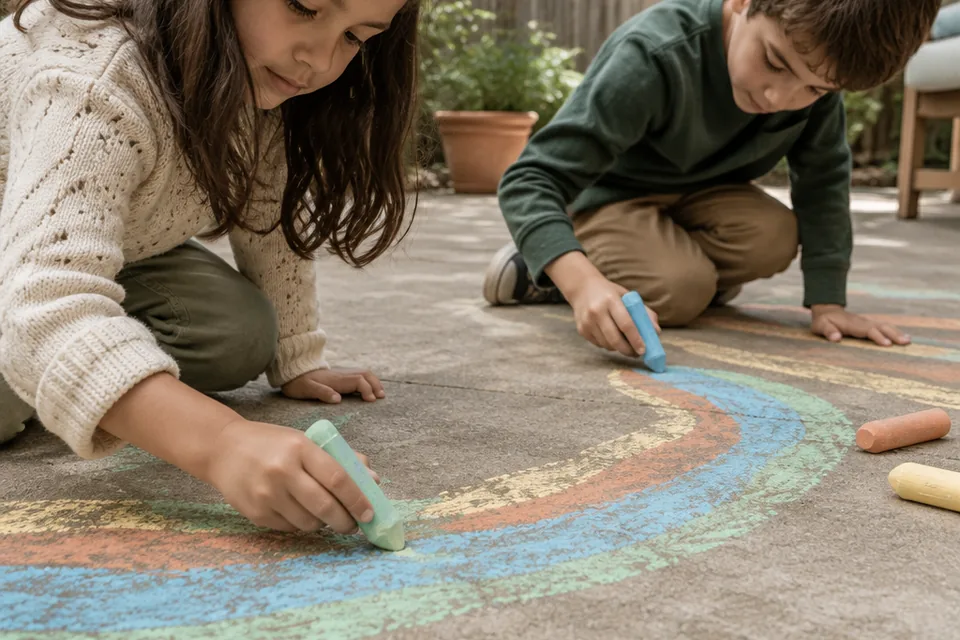 School-age children's hands drawing broad colorful chalk paths on a quiet empty backyard patio, large sidewalk chalk pieces.