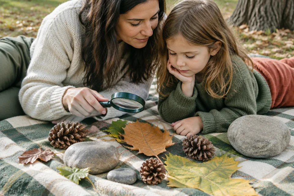 Arrangement of nature discoveries on a picnic blanket: large fallen leaves, pine cones, smooth large rocks and a magnifying glass.