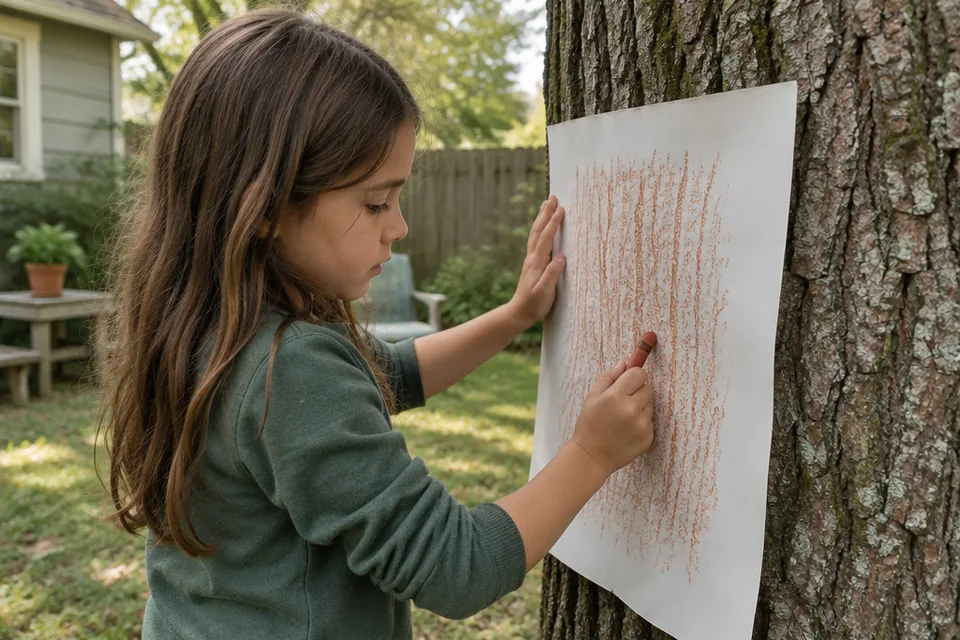 A school-age child gently making a bark texture rubbing with thick crayon and a large sheet of paper against an ordinary backyard tree.