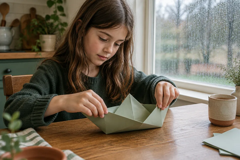 A school-age child folding an oversized sheet of sage paper into a simple boat on a kitchen table while rain blurs the distant window.