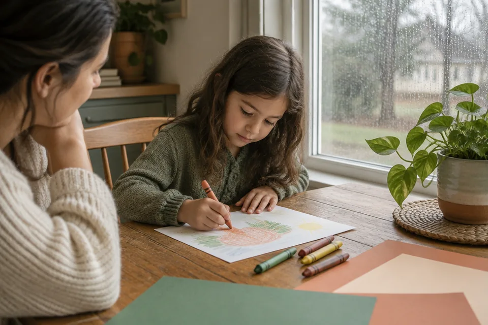 Child aged six drawing with thick crayons at a wooden kitchen table beside a rainy window, colored construction paper and an indoor plant, cozy overcast natural daylight.