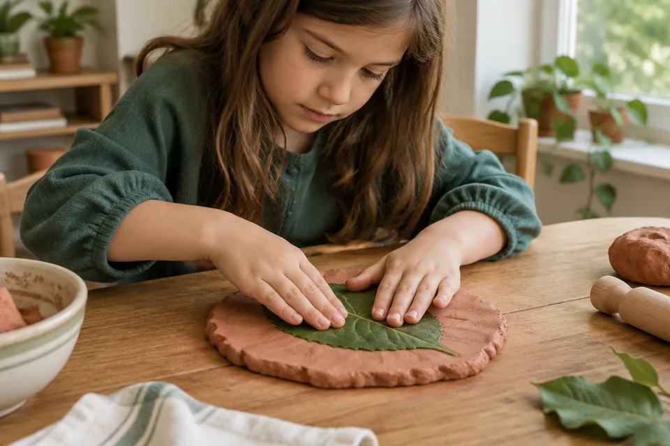 A school-age child pressing a large smooth leaf into a generous slab of play dough at a calm wooden table.