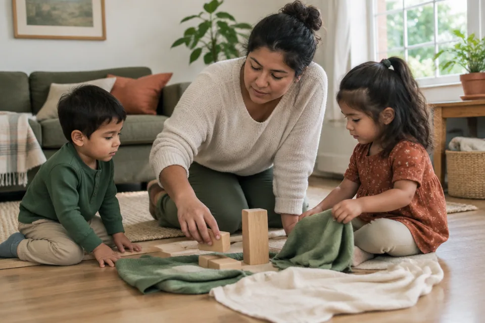 Adult resetting a simple independent play station with only a few large wooden blocks and plain cloths on a clear floor.