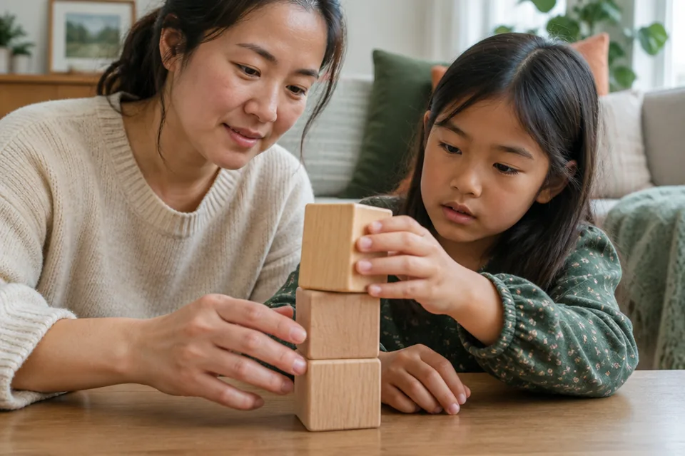 A parent and a school-age child's hands balancing three large smooth wooden blocks in a quick tabletop challenge.