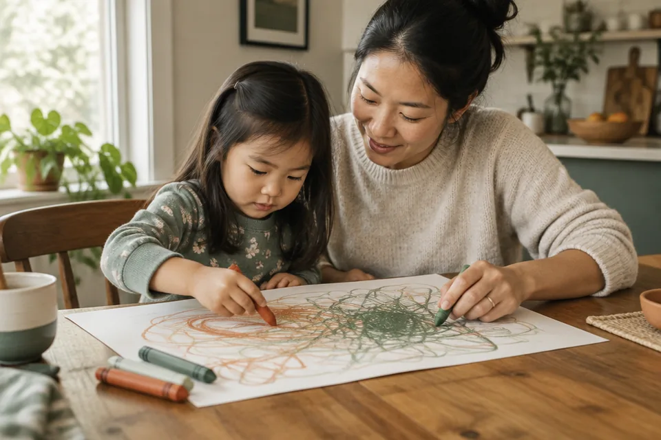 Parent and child jointly making a spontaneous big scribble drawing with thick crayons on one sheet of paper at a kitchen table.