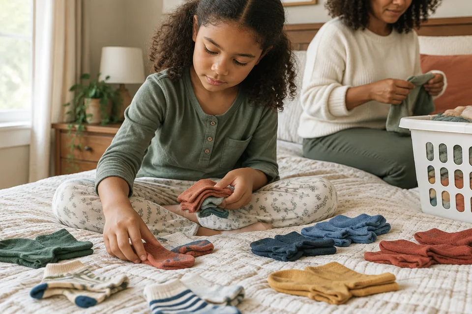A school-age child sorting and pairing clean colorful cotton socks on a bed, useful everyday life-skill practice.