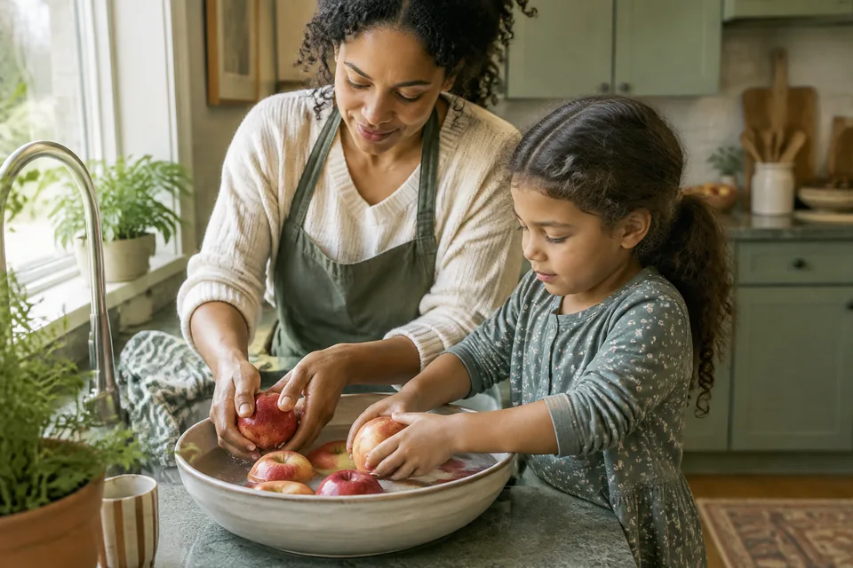 Parent and a school-age child washing large apples in a shallow bowl at a cool kitchen counter; no knife.
