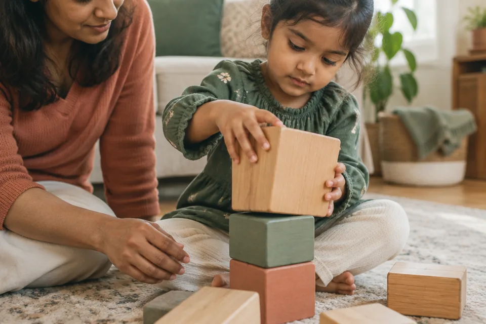 A preschool child's hands placing a very large smooth wooden block on a simple low tower, seated on a soft rug, parent hand nearby.