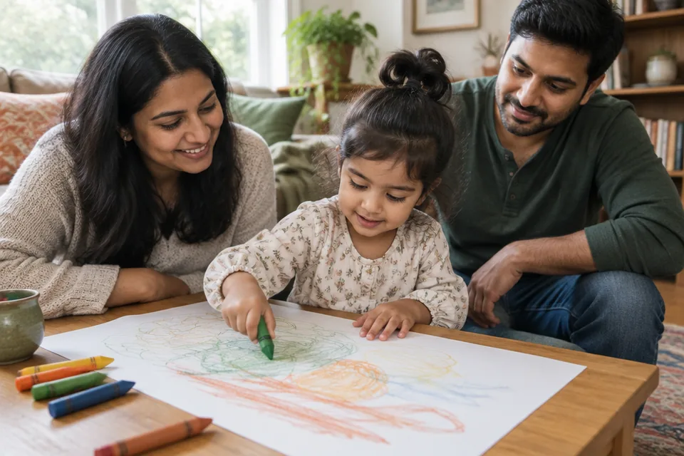 A preschool child drawing broad colorful lines with an oversized washable crayon on a giant sheet of paper at a low table.