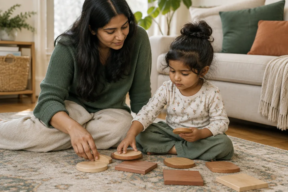 Seated toddler aged three matching oversized flat wooden circles and squares with a nearby parent, all pieces larger than the child's palm.