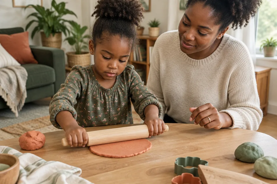 A preschool child flattening a generous ball of play dough with a plain short wooden rolling pin at a low table, attentive parent nearby.