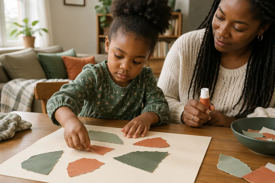 A preschool child arranging large torn paper shapes on a cream sheet for a simple collage, glue stick held by nearby adult.