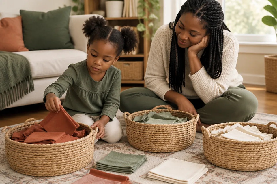 A preschool child sorting large cotton fabric squares by color into broad baskets on a rug; no buttons, beads or tiny objects.