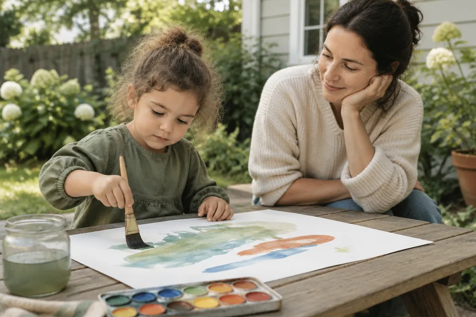 A preschool child using a thick paintbrush and washable watercolors on large paper outdoors at a low picnic table while a nearby adult watches.