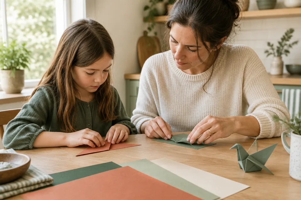 A school-age child making a folded-paper bird at a bright kitchen table with an adult demonstrating beside them, large colored sheets and deliberate realistic hands.