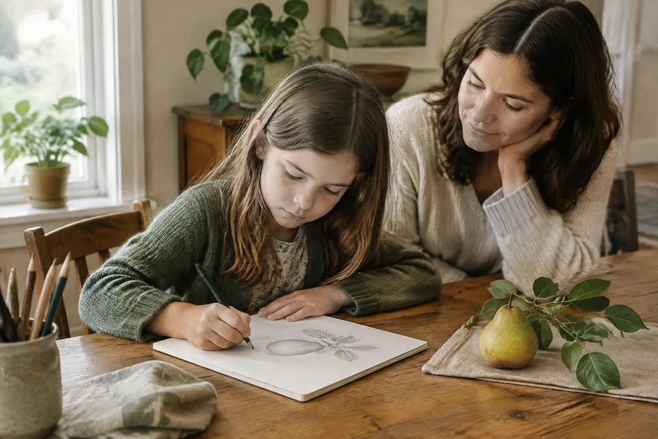 A school-age child sketching a simple still life of a pear and a leafy branch at a wooden table.