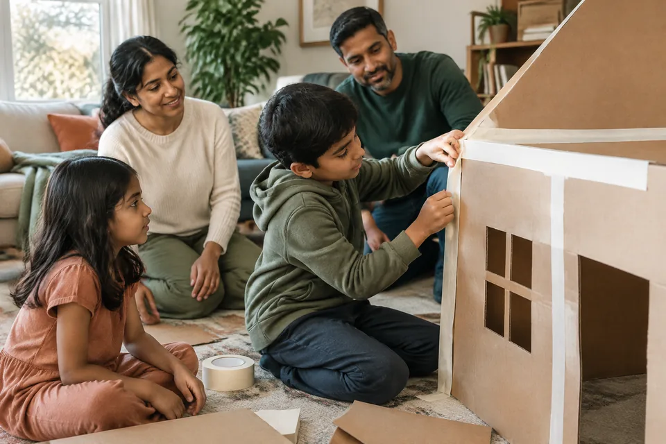A school-age child designing a large cardboard house model with wide cardboard panels and paper tape.