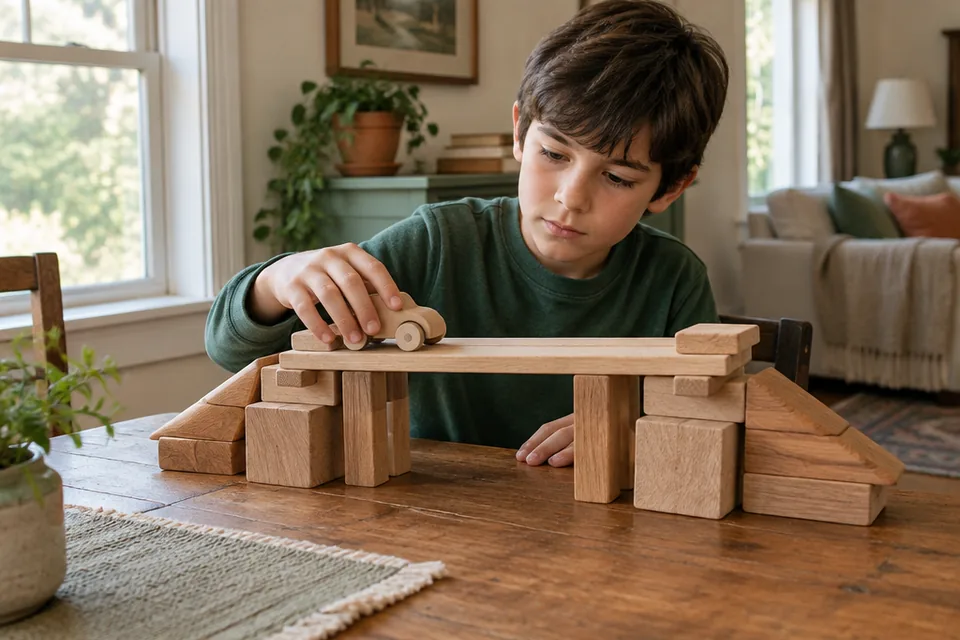 A school-age child building a thoughtful bridge design from large wooden blocks on a dining table, quietly testing the span with one plain wooden toy car.