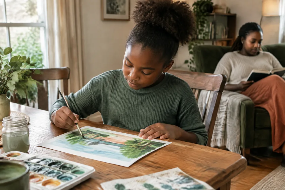 A school-age child painting an original small landscape on paper at a dining table, a parent reading quietly in background, independent creative hobby.