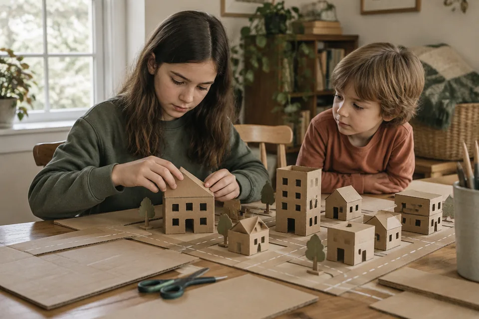 A school-age child planning and assembling a simple cardboard model town at a home worktable, blunt scissors resting unused beside wide cardboard pieces, inventive focused mood.