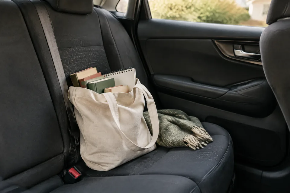 A canvas travel tote with books and a sketchpad on the empty back seat of a parked car.