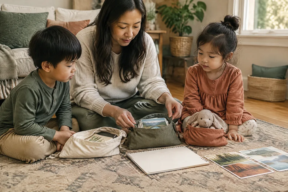 Parent arranging three quiet travel activities in separate cloth pouches before a trip, blank pad, large picture cards and soft toy.