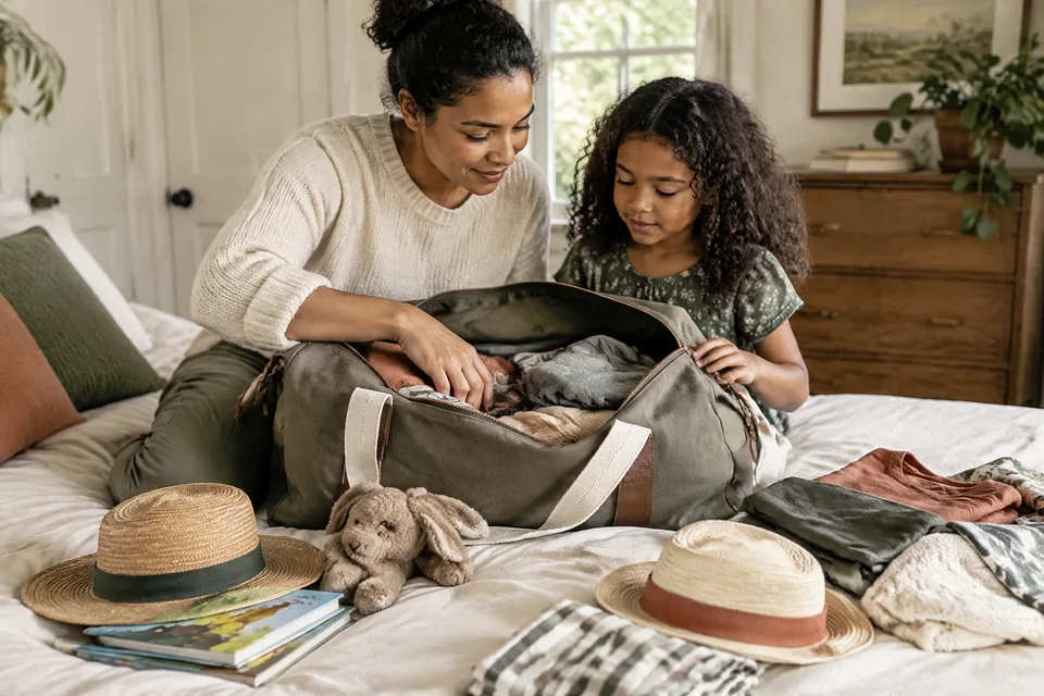 Parent and school-age child checking the contents of an open canvas weekender on a bed: clothing, books, sun hats, soft toy; no written checklist.
