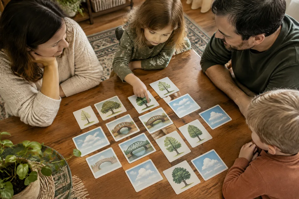 Overhead layout of a simple homemade observation game made from large picture-only cards of trees, bridges and clouds.