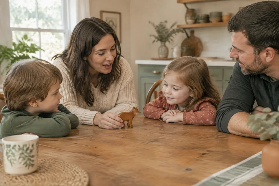 Family practicing a playful story-telling game around a kitchen table with a single wooden toy animal used as the talking token.