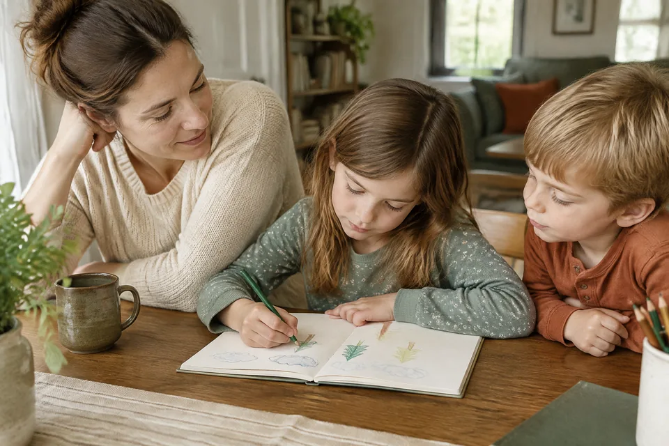 A school-age child sketching things they hope to spot on a journey in a blank notebook at home, simple drawings of clouds and trees.