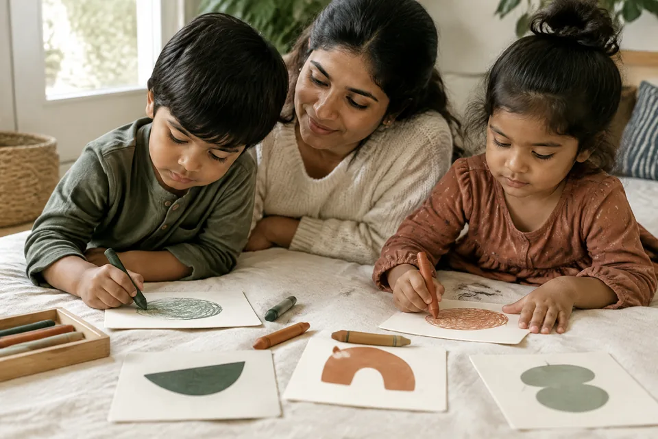 Large reusable drawing cards with abstract shapes and thick crayons on a cream linen surface, unbranded quiet travel toys.
