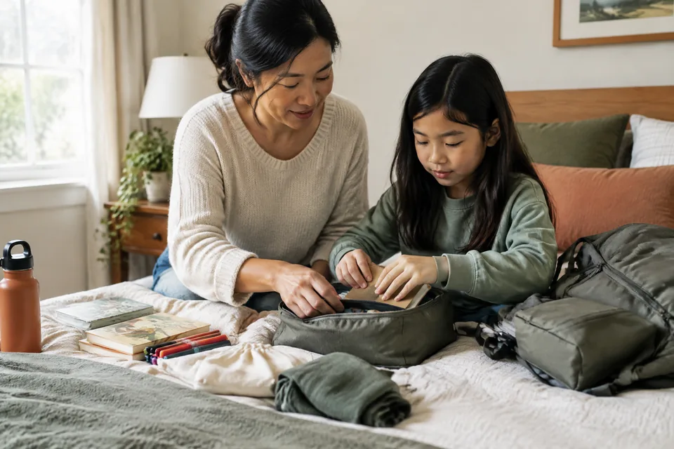 Parent and school-age child packing a small screen-free activity pouch on a bed before a flight, all materials unbranded.