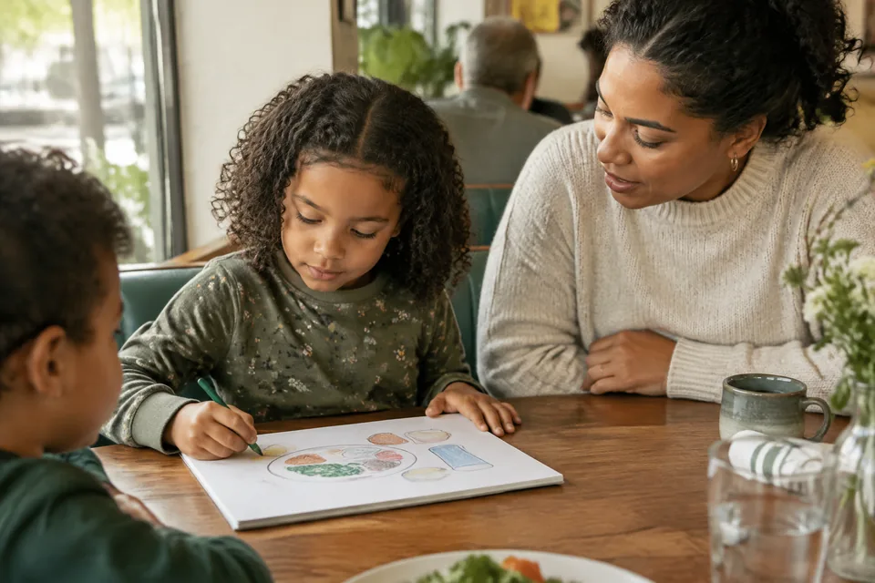 A school-age child drawing a pretend meal in pictures on a blank pad at a neighborhood restaurant table, an adult conversing nearby.