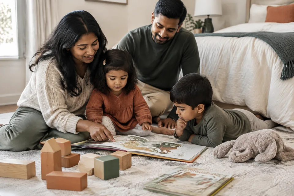 Simple hotel room quiet-time setup on a clean rug: picture-only books, oversized wooden blocks and soft animal beside a low bed.