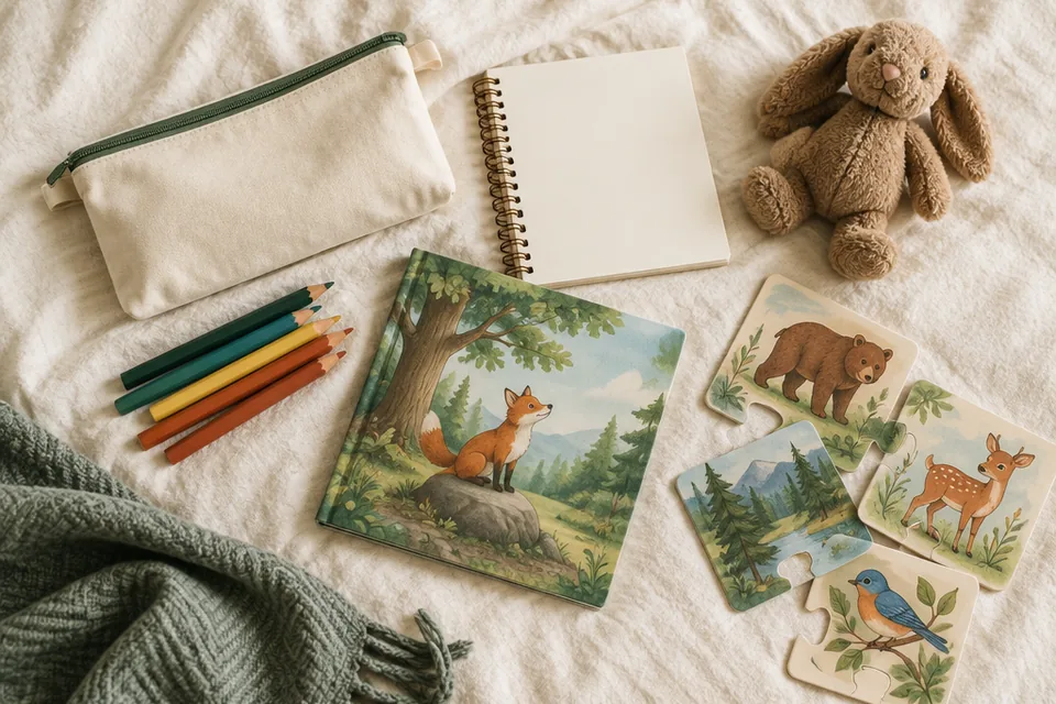 Overhead editorial flat lay of a complete compact screen-free travel kit: cotton pouch, blank notebook, thick colored pencils, unbranded picture storybook, large puzzle cards and small plush toy on a cream bedspread.