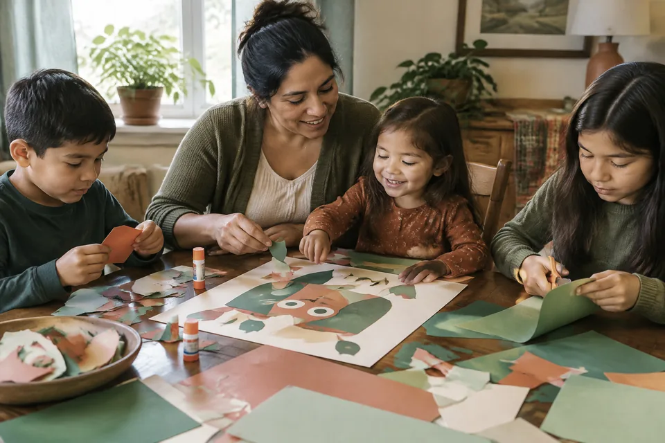 Parent and children making a silly shared collage from large colored paper pieces around a dinner table.