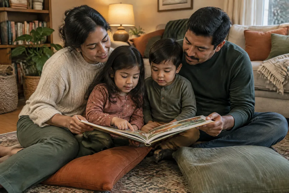 Family sitting together on floor cushions reading a picture-only storybook aloud, cozy evening lamplight.