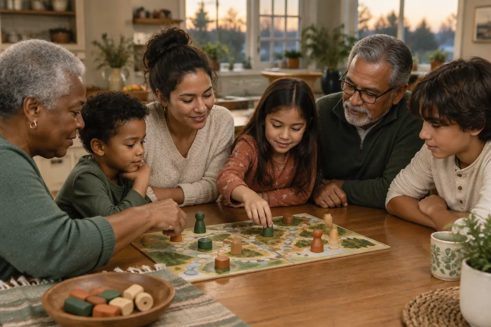 Multigenerational diverse family gathered around a kitchen table for an unbranded cooperative board game with large wooden pieces, all looking at the game, soft early evening light.