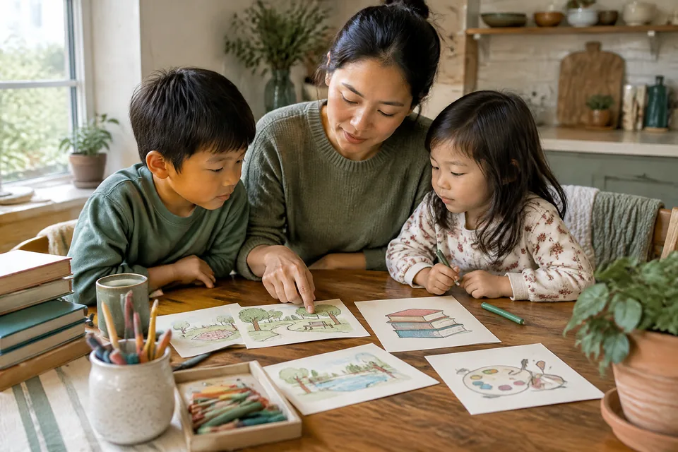 Parent and children planning a screen-free weekend using picture-only sketches of a park, books and art materials on a kitchen table.
