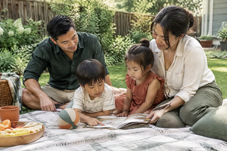 Family enjoying a simple backyard picnic with a soft ball and picture-only storybook on a cotton blanket, unhurried weekend light.