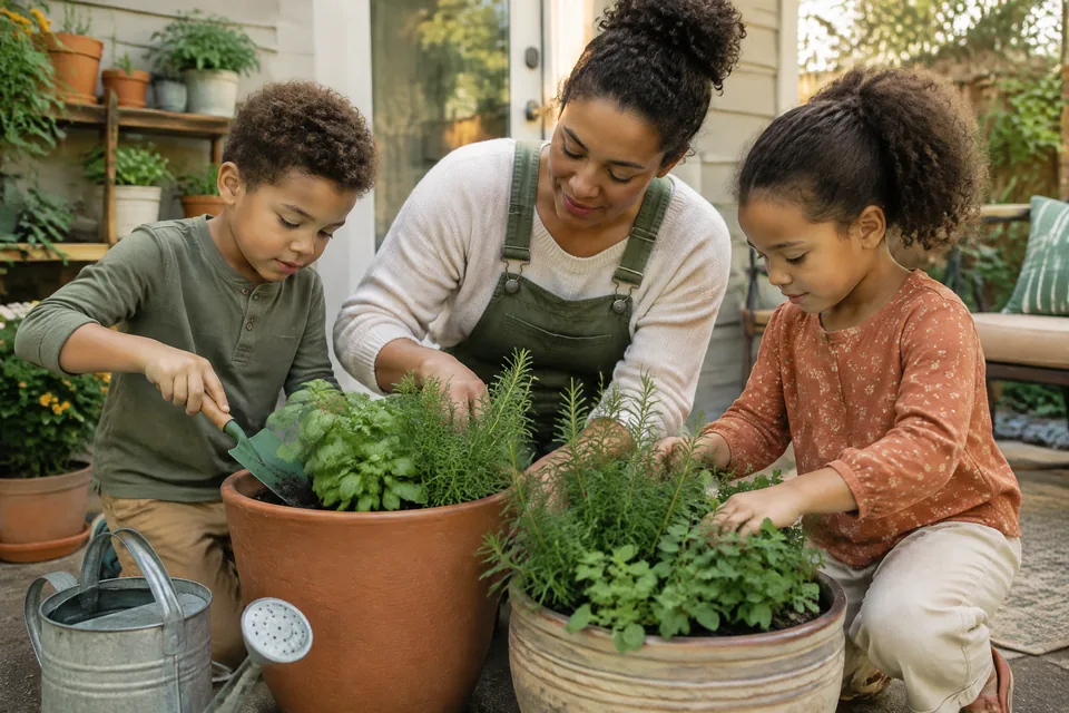 Parent and two children tending large herb pots on a small patio, shared ongoing family hobby with ordinary safe garden tools.