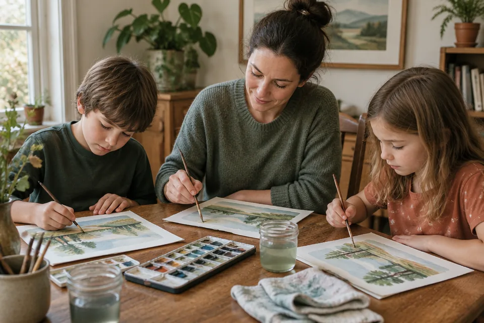 Parent and two school-age children painting little landscape watercolors together around a modest dining table.