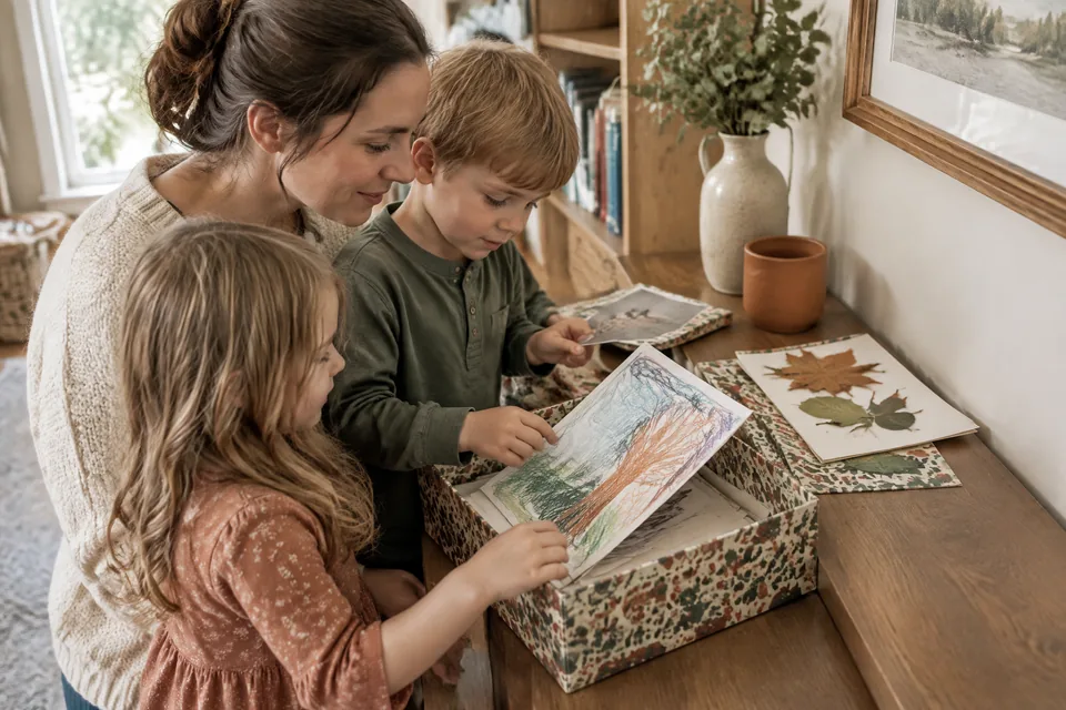Handmade seasonal memory box with large children's drawings, pressed leaves and plain photo prints facing down on a shelf.