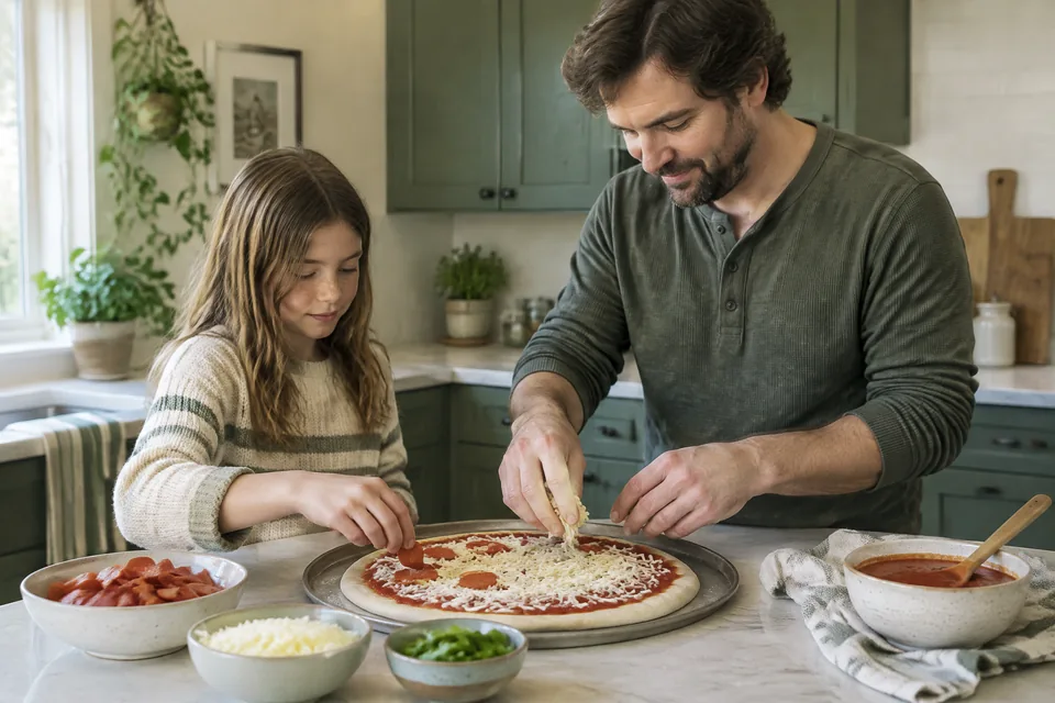 Father and school-age child arranging a regular Friday homemade pizza together at a cool kitchen counter.