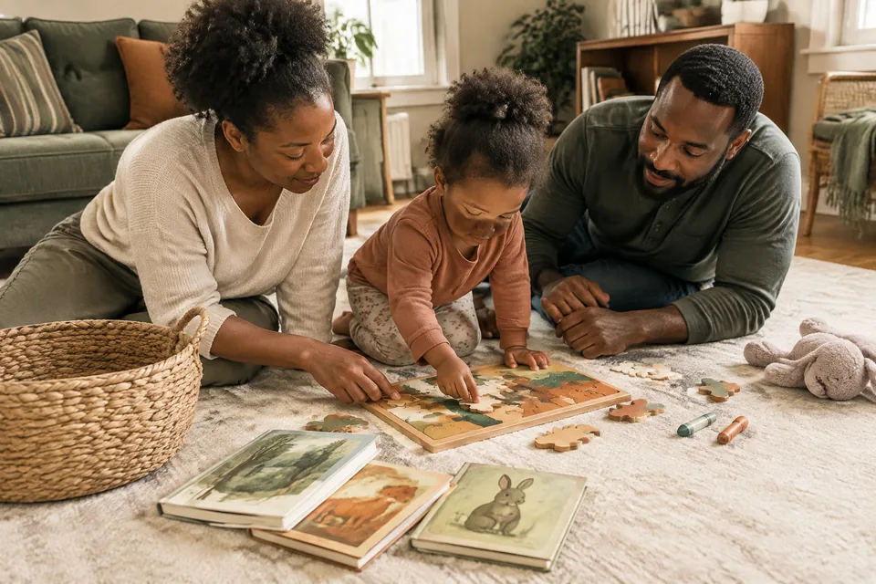 Empty woven basket on a cream rug beside three picture-only books, a large wooden puzzle, thick crayons and a soft animal, ready to assemble.
