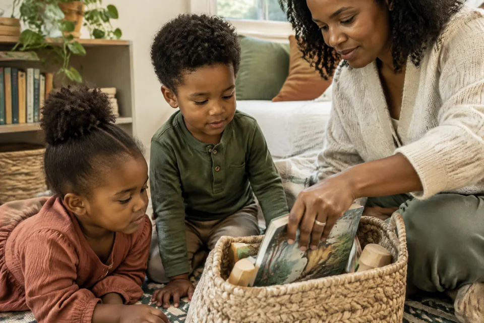 A parent placing a sturdy picture-only book into a woven quiet-time basket.