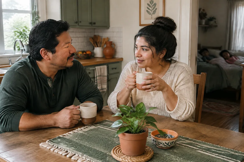 Two parents chatting over tea at a modest kitchen table after the children are asleep, calm candid connection.